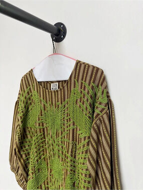 Sister Mary Luna May Green Embroidered Striped Boho Blouse S/M